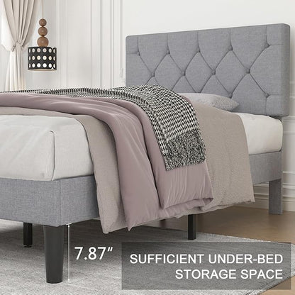 VECELO Twin Bed Frame with Button Tufted Headboard, Upholstered Platform with Wooden Slat Support, No Box Spring Needed, Linen Grey