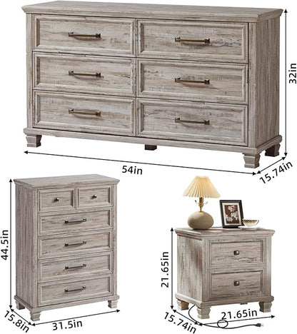 Farmhouse Bedroom Dresser and Nightstand Set of 4, 6 Drawer Tall & Low Dresser & 2 Drawer Nightstand Set, Rustic Wood Bedroom Furniture Set for Livingroom, Hallway, Grey