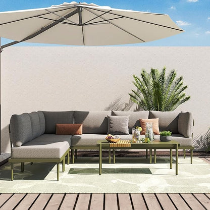 Sundale Outdoor 7 Pieces Metal Patio Furniture Set, Outdoor Sectional Sofa w/6 Inch Olefin Cushion and Coffee Table, Modern Outdoor Conversation Sets (6 Seats, Green Frame)