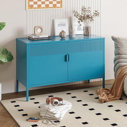 Blue Metal Storage Cabinet with Doors and Shelf, 2 Door Locker Storage Cabinet for Home and Office, 2 Tier Low Metal Tv Stand Cabinet