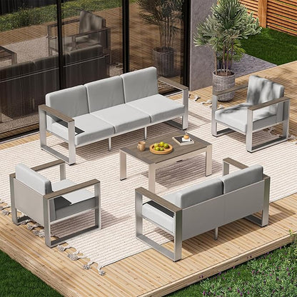 Outdoor Patio Furniture Set, 7 Seats Outdoor Patio Conversation Sets with Ergonomic Seat and Wide Washable Thick Cushions, Modern Patio Sectional Furniture for Balcony, Porch (Gray)
