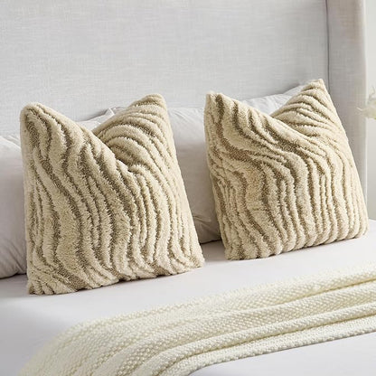 FUTEI Beige Decorative Throw Pillow Covers 18x18 Inch Set of 2,Soft Faux Fur Geometric Shapes Texture Cushion Case,Boho Home Decor for Couch Bed Living Room