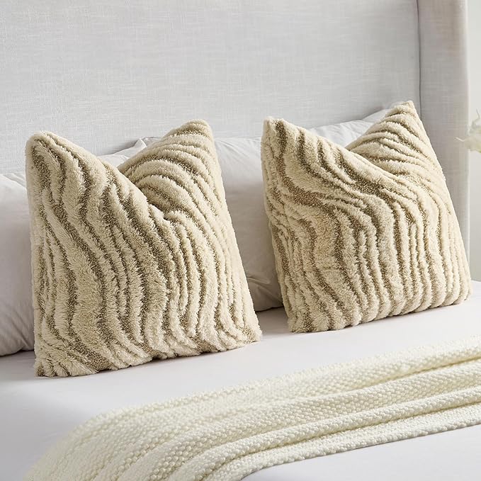 FUTEI Beige Decorative Throw Pillow Covers 16x16 Inch Set of 2,Soft Faux Fur Geometric Shapes Texture Cushion Case,Boho Home Decor for Couch Bed Living Room