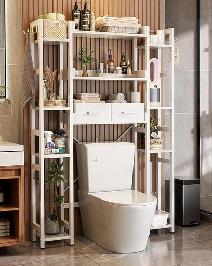 Over The Toilet Storage with 2 Drawers - 11 Tier Bathroom Organizer Freestanding Space Saver Storage Rack with Adjustable Shelf Above Toilet Stand with 4 Hooks for Restroom, Laundry, White
