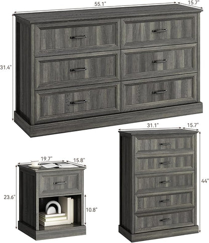 CARPETNAL Farmhouse Dresser and Nightstand Sets for Bedroom, 4 Pcs Bedroom Set, 5 Drawer & 6 Drawer Dresser and Nightstand Set of 2, Wood Chest of Drawers for Living Room, Entryway, Grey