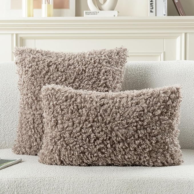 FUTEI Khaki Decorative Throw Pillow Covers 12x20 Inch Set of 2,Soft Fluffy Faux Wool Fur Boucle Textured Lumbar Pillow Case,Modern Home Decor for Couch Bed Living Room Office