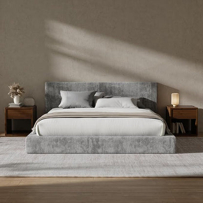 RECCI Cloud Upholstered Queen Bed Frame with Headboard, 5 Inch Foam Padded Platform, No Box Spring, Easy Assembly (Moon)