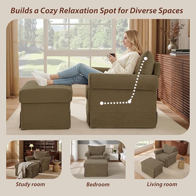 Modern Accent Chairs with Ottoman Set, Comfy Chenille Reading Armchair with Rolled Arms and Cushion Backrest, 35.8" W Chaise Lounge Chair for Living Room, Bedroom, Study, Apartment, Brown