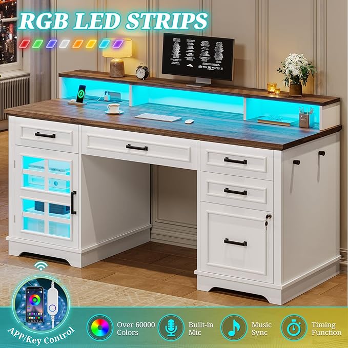 60'' Farmhouse Executive Desk with Drawers, Home Office Desk with Power Outlet & LED Light, Wood Computer Desk with Monitor Stand, Locking File Drawer, Glass Storage Cabinet, Hooks, White