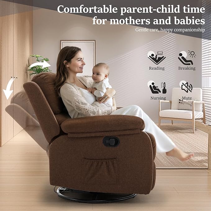 Recliner Chair, 360 Swivel Rocker Chair for Adults, Small Rocking Recliner Chair for Small Spaces, Upholstered Fabric Glider Recliner Nursery Chair with Side Pockets for Nursery, Living Room