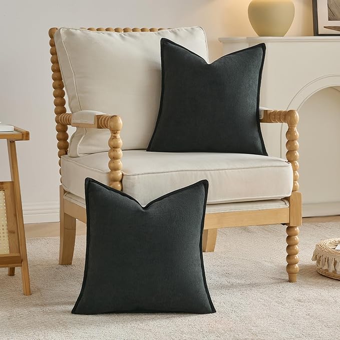 FUTEI Black Chenille Throw Pillow Covers 26x26 Inch Set of 2,Edges Double-Stitched Euro Pillow Shams,Modern Home Decor for Couch Living Room