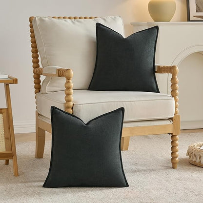 FUTEI Black Chenille Throw Pillow Covers 18x18 Inch Set of 2,Edges Double-Stitched Cushion Cases,Modern Home Decor for Couch Living Room