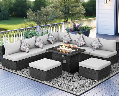 NICESOUL 10 Piece Modern Outdoor Patio Furniture Set with Firepit Natural Gas Propane Convertible, 29.3'' High Back Extra Large Size Wicker Conversation, Deep Wide Comfortable Couch for Outside, Grey