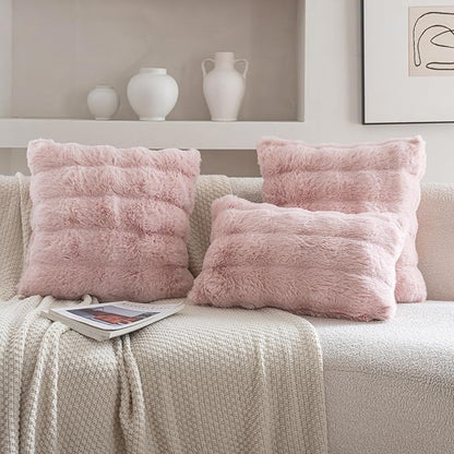 Neelvin Pink Faux Fur Cozy Soft Double-Sided Decorative Throw Pillow Covers 18x18 inch Set of 2,Velvet Pillowcase Cushion Case for Sofa Couch