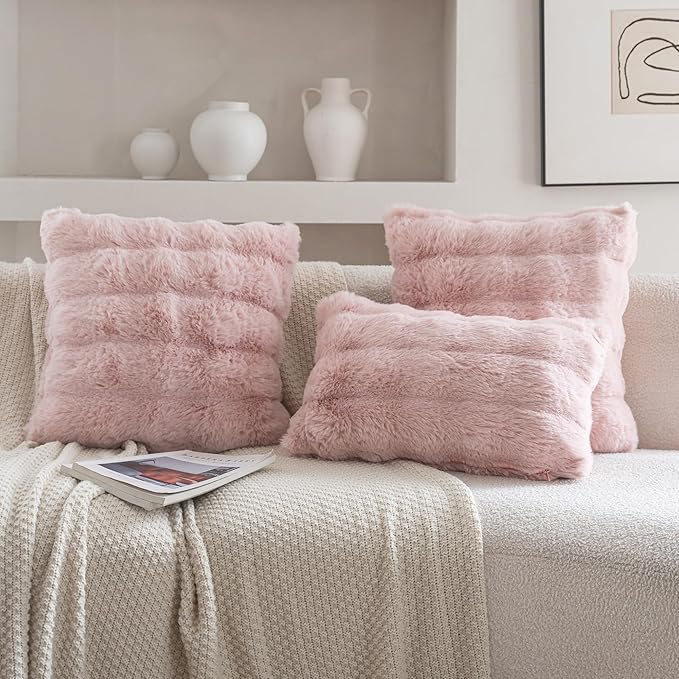 Neelvin Pink Faux Fur Cozy Soft Double-Sided Decorative Throw Pillow Covers 20x20 inch Set of 2,Velvet Pillowcase Cushion Case for Sofa Couch