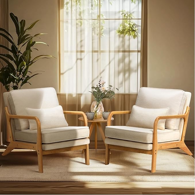 COLAMY Modern Accent Chair with with Solid Wood Frame, Mid Century Reading Leisure Armchair Lumbar Pillow& Soft Cushion, Relaxing Chair for Living Room,Bedroom,Waiting Room（Beige）