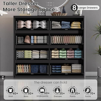 Black Dresser for Bedroom, 8 Drawers Double Fluted Dressers, Modern Chest of Drawers with Curved Profile, Handleless, Storage Closet Dressers for Bedroom, Living Room, Entryways, Natural