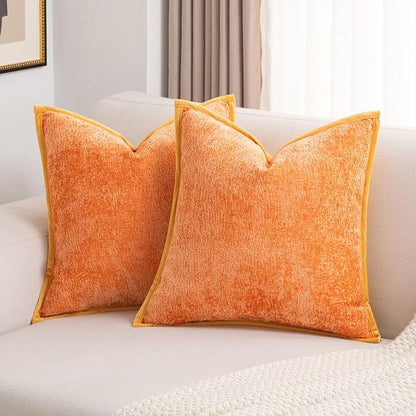 FUTEI Orange Chenille Throw Pillow Covers 24x24 Inch Set of 2,Soft Cozy Bound Edge Design European Cushion Cover,Home Decor for Couch Bed Living Room