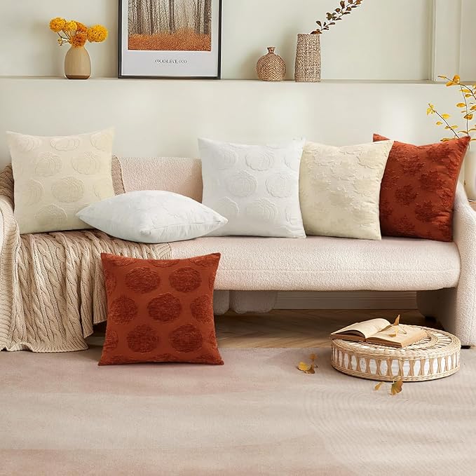 decorUhome Decorative Two Cream White Pumpkins Thanksgiving Throw Pillow Covers 12x20 Set of 2, Soft Chenille Jacquard Farmhouse Textured Pillow Covers for Couch Sofa Autumn Harvest Halloween Holiday