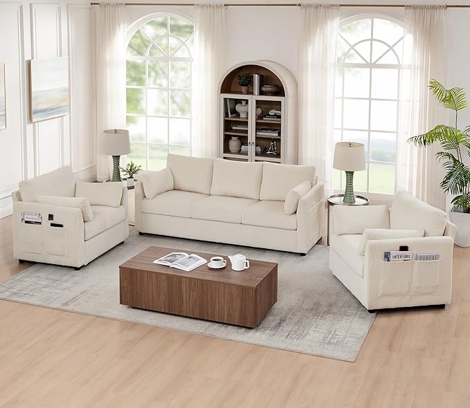 Sofa Set for Living Room Corduroy Couch Sets 3 Seater and Single Chair, Sofas for Apartment and Small Spaces (Beige, Sofa Set)