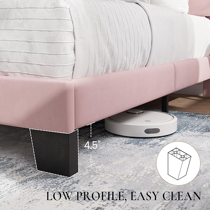 SHA CERLIN Twin Platform Bed Frame with Velvet Upholstered Headboard, Mattress Foundation with Strong Wooden Slats Support, No Box Spring Needed, Pink