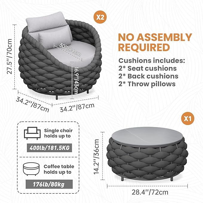 3 Pieces Balcony Seating Set: Aluminum Woven Rope Patio Chair Furniture Set - All Weather Metal Outdoor Conversation Set - Assembled Armchair with Table for Bistro Deck Porch Apartment Hotel