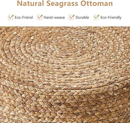 Wimarsbon Foot Stool Ottoman Round Natural Seagrass Footrest Stool Hand-Woven Boho Pouf Ottomans Home Decor Footstool Extra Seating for Living Room Bedroom Entryway White