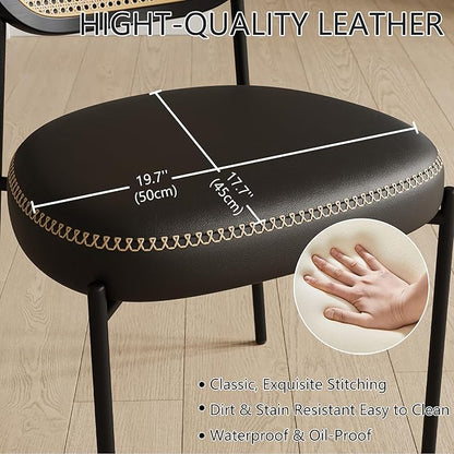Rattan Dining Chairs Set of 6, Black Leather Upholstered Dining Chairs with Rattan Cane Back, Mid Century Modern Dining Room Chairs with Black Metal Legs & D-Shaped Thicken Cushion
