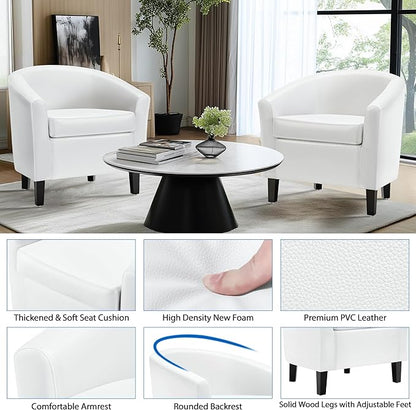 Yaheetech White Accent Chairs Set of 2, Faux Leather Barrel Chairs, Modern Living Room Chairs, Comfy Club Chairs with Sturdy Wood Legs for Bedroom/Reading/Room/Waiting Room, White
