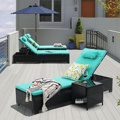 3 PCS Patio Chaise Lounge with Coffee Table Cushion&Pillow Outdoor Lounge Chair Chaise Lounger Patio Reclining Chair 5 Angle Adjustment Black PE Rattan for Courtyards Poolside Garden (Green)