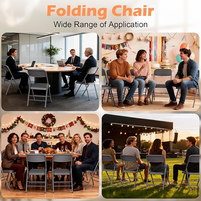 Commercial Grade Folding Chair with Padded Fabric Cushion（16"X16" |Double-hinged Legs Luxury Style|4.5kg Capacity Max Weight 150Kg for Home and Office,Indoor and Outdoor Events (2, PU-Gray)