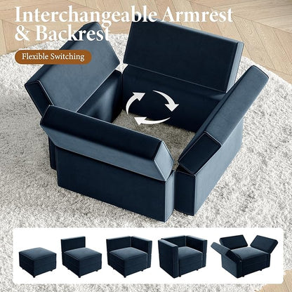 Vesgantti Sectional Sleeper Sofas with Storage, 118" Sofa Bed with 8 Seats Storage Chaises Removeble Cover, Deep Seat Modular Couches Velvet Couch Set for Living Room, Apartment, Home Theatre, Blue