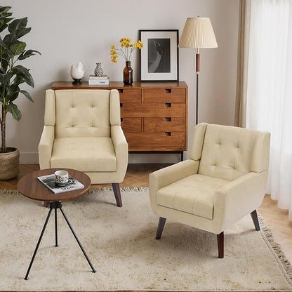 Faux Leather Accent Chairs Set of 2, Mid-Century Modern Upholstered Armchair, Comfy Living Room Chairs Reading Chairs with Button Tufted Back & Solid Wood Legs for Bedroom, Office, Cream