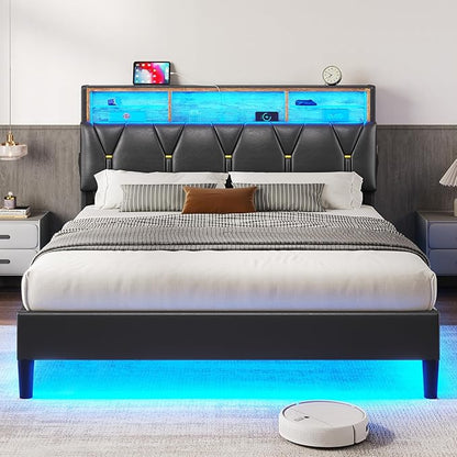LED Full Bed Frame with Type-C & USB Charging Station, Full Size Bed Frame with Storage Headboard, Modern Pu Leather Platform Bed with Shelf Headboard, Easy Assembly, Noise-Free, Black