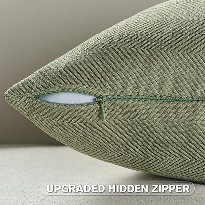 FUTEI Sage Green Chenille Throw Pillow Covers 18x18 Inch Set of 2,Soft Wide Chevron Textured Cushion Case,Farmhouse Home Decor for Couch Bed Living Room
