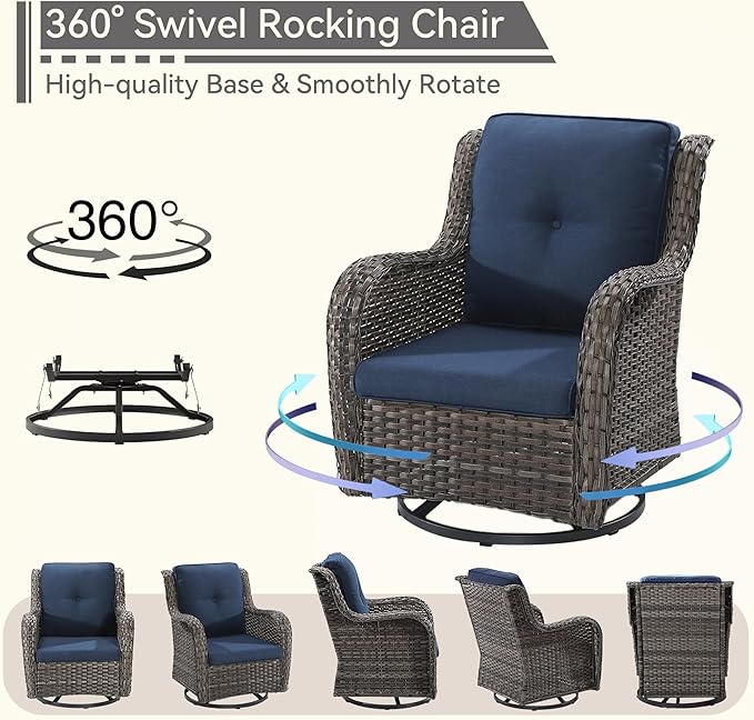 5 Piece Outdoor Patio Furniture Set Wicker Conversation Set Swivel Rocking Chairs with Side Table and Ottomans for Backyard, Porch, Deck, Blue