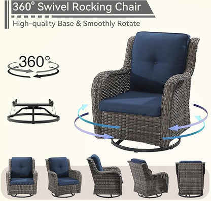 5 Piece Outdoor Patio Furniture Set Wicker Conversation Set Swivel Rocking Chairs with Side Table and Ottomans for Backyard, Porch, Deck, Blue