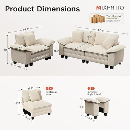 L-Shaped Cloud Modular Sofa Set with Chaise, Deep Seat 3-Piece Sectional & Removable Arms, Plush Corduroy for Living Room - Beige