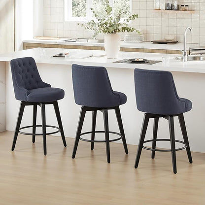 Watson & Whitely Modern Swivel Bar Stools, Performance Fabric Upholstered Counter Height Bar Stool with Back, Solid Wood Legs, 26" H Seat, Set of 2, Insignia Blue