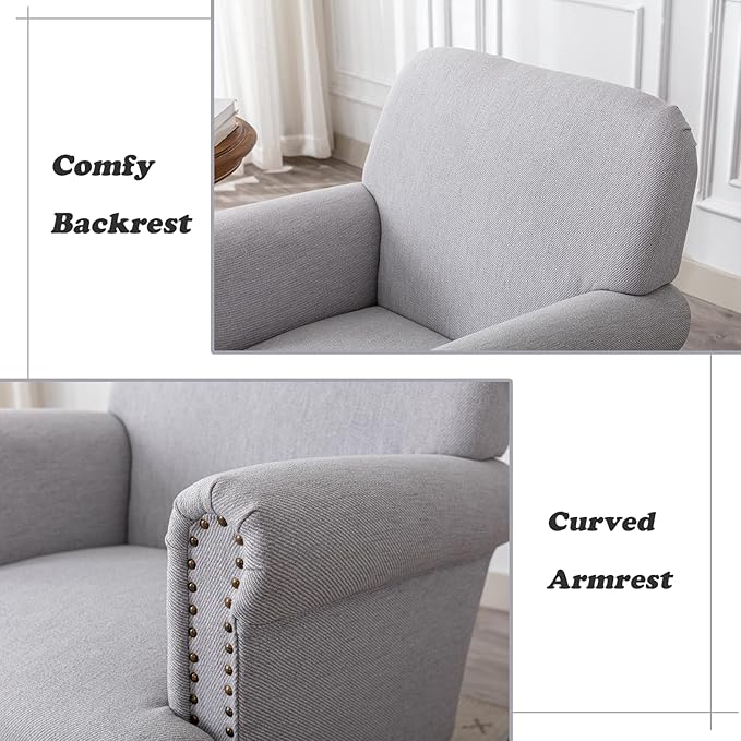 Linen Accent Chairs Set of 2 Mid-Century Modern Living Room Armchair with Nailhead Trim & Wood Legs Comfy Upholstered Single Sofa Chair for Lounge/Bedroom/Reception, Grey