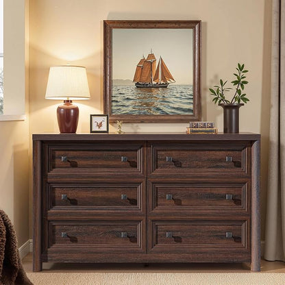 Farmhouse Walnut 6 Drawers Dresser for Bedroom, 52" Wide Chest of Drawers with Metal Knobs, Vintage Wooden Dresser TV Stand, Closet Drawer Organizer for Bedroom, Nursery