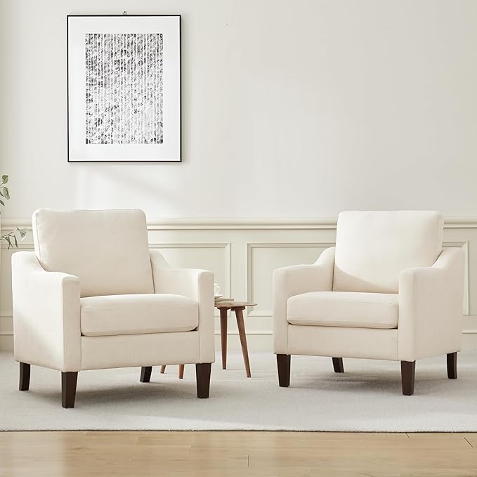 VKNOW Mid Century Modern Accent Chair, Upholstered Living Room Chairs Armchair for Bedroom, Comfy Reading Accent Chairs with Wood Legs for Living Room, Beige