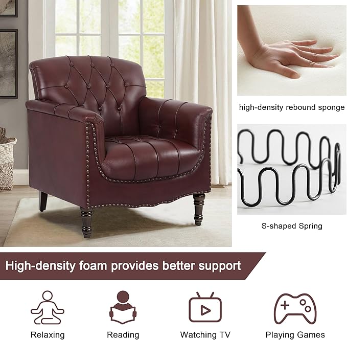 Faux Leather Accent Chairs Set of 4, Upholstered Armchairs with Nailhead Trims & Wood Legs for Living Room, Bedroom, Contemporary Comfy Club Chairs for Office-Dark Red
