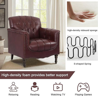 Faux Leather Accent Chairs Set of 4, Upholstered Armchairs with Nailhead Trims & Wood Legs for Living Room, Bedroom, Contemporary Comfy Club Chairs for Office-Dark Red