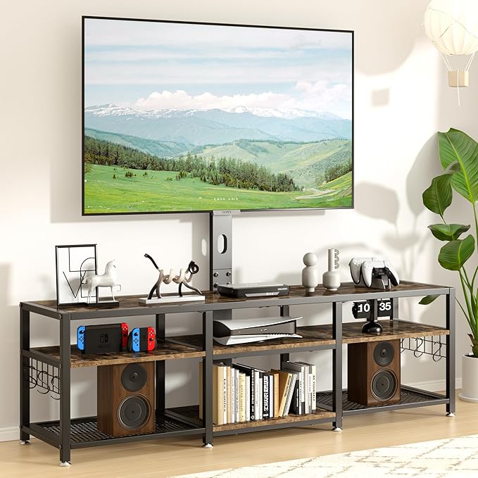 VECELO 71" TV Stand with Mount and Power Outlets, Entertainment Center with Open Storage Shelves, Height Adjustable Mount up to 80”, Wooden Table and Metal Frame for Living Room, Rustic Brown