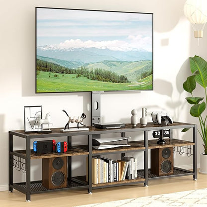 VECELO 71" TV Stand with Mount and Power Outlets, Entertainment Center with Open Storage Shelves, Height Adjustable Mount up to 80”, Wooden Table and Metal Frame for Living Room, Rustic Brown