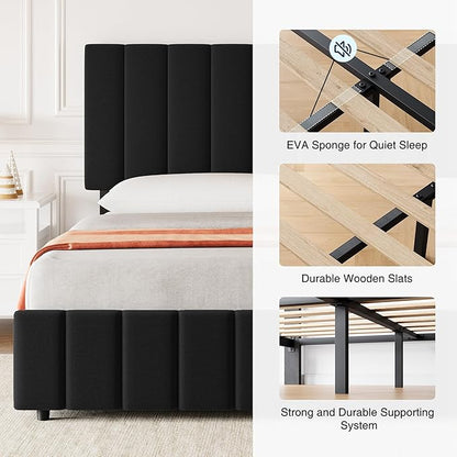 Garvee Queen Size Bed Frame with 4 Storage Drawers, Adjustable Height Headboard, Linen Upholstered Platform Bed Frame, No Box Spring Needed, Easy Assembly, Black