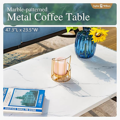 Sophia & William Patio Furniture Sets for 7 Outdoor Conversation Set 6 Pcs with 4 x Armrest Cushioned Sofa Chairs, 1 x 3-Seat Sofa, 1 Marbling Metal Coffee Table Garden Backyard Poolside Navy