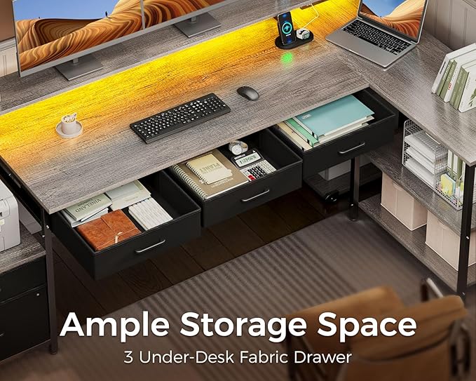 AODK L Shaped Desk with 5 File Drawers, 75" Reversible L Shaped Computer Desk with Power Outlet & LED Strip, Office Desk with Storage Shelves, Gaming Table with Monitor Shelf, Corner Table, Grey Oak