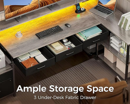 AODK L Shaped Desk with 5 File Drawers, 75" Reversible L Shaped Computer Desk with Power Outlet & LED Strip, Office Desk with Storage Shelves, Gaming Table with Monitor Shelf, Corner Table, Grey Oak
